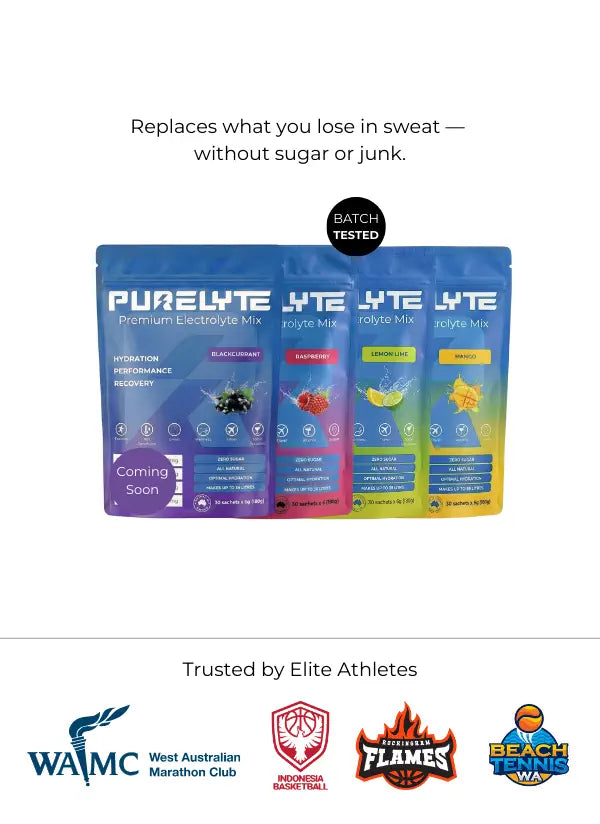Purelyte electrolyte mix packs showing the flavour range and athlete trust statements on a white background