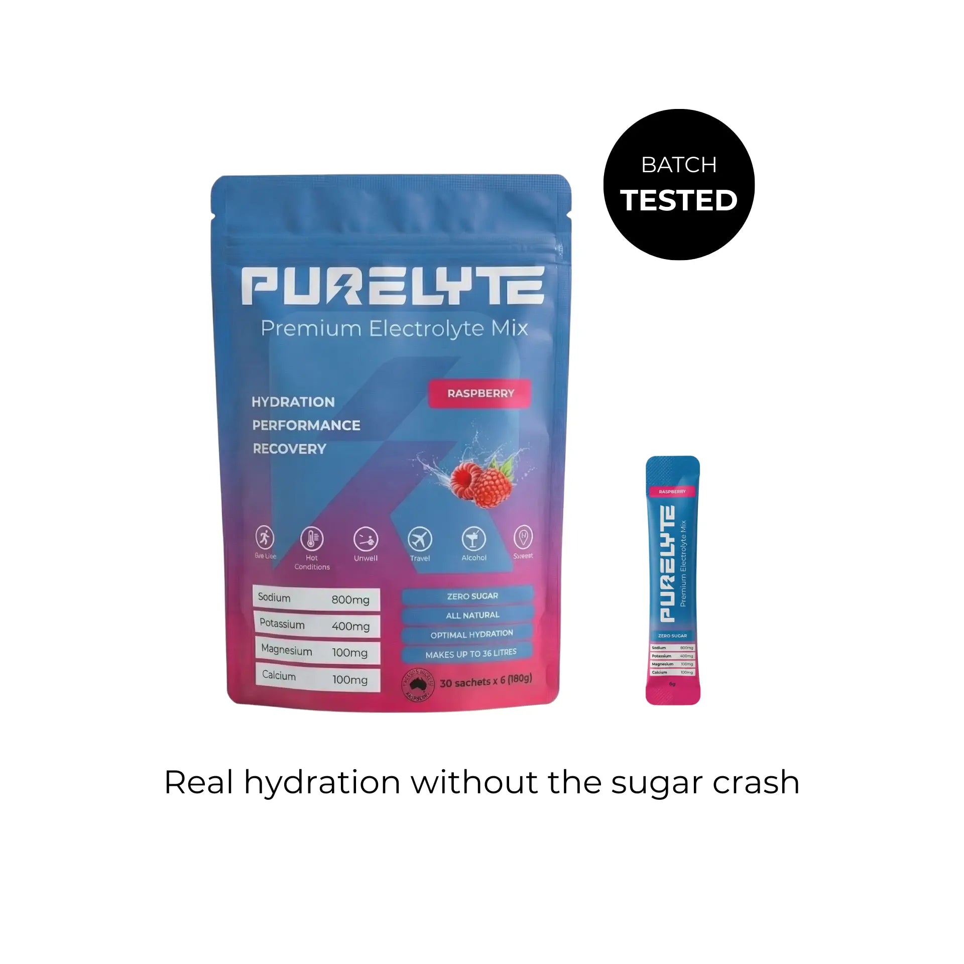 Purelyte premium electrolyte mix package with raspberry flavour on a white background