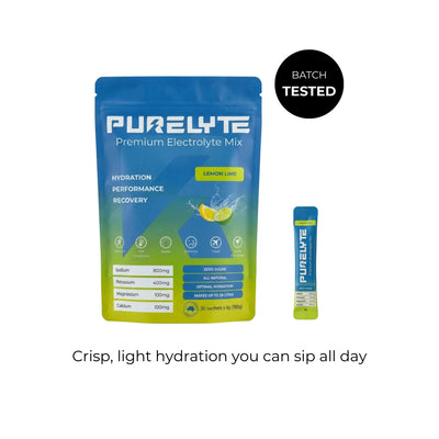 Purelyte premium electrolyte mix package with lemon lime flavour on a white background