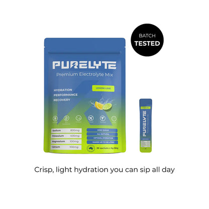 Purelyte premium electrolyte mix package with lemon lime flavour on a white background