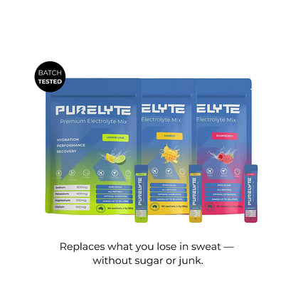 PURELYTE flavour range packages with sachets on a white background.