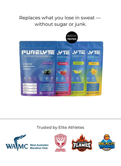 Purelyte electrolyte mix packs showing the flavour range and athlete trust statements on a white background